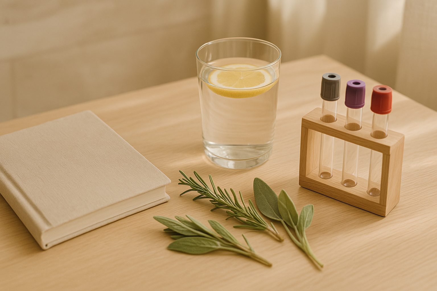 Notebook, glass of water with lemon, fresh herbs and capped lab tubes on a sunlit oak table