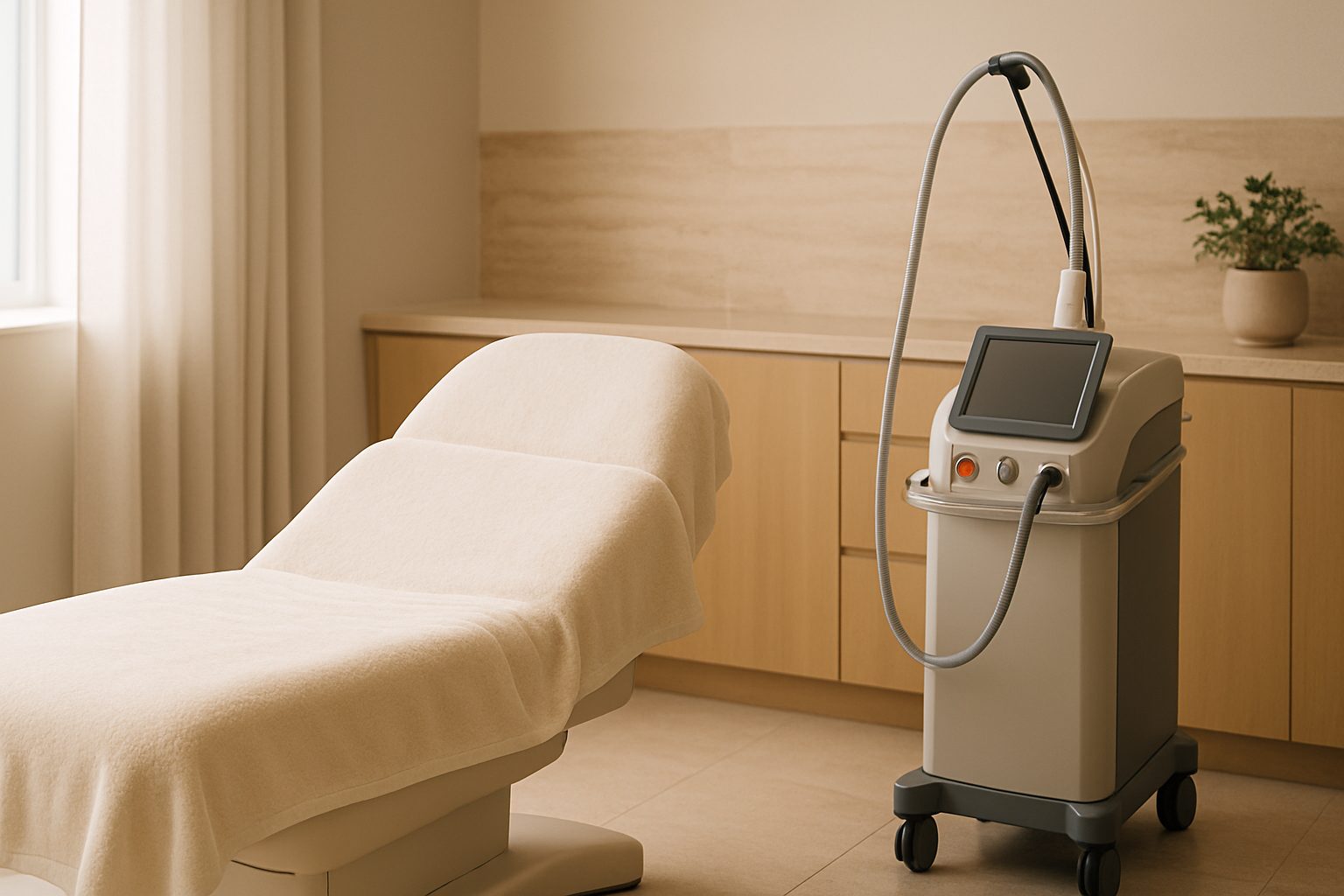 Bright medical spa treatment room with a treatment bed and an aesthetic laser device